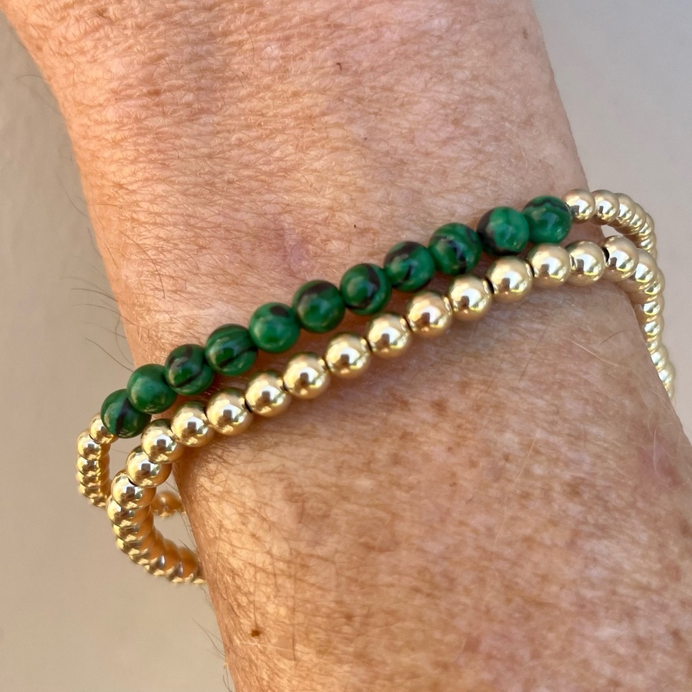 Handmade 14k gold filled bead stretch malachite bracelet - Picture 2 of 14